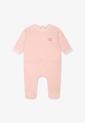 Combinaison pour bébé rose pâle avec manches longues, motif floral et fermeture à pression au cou. Tissu en coton doux avec des poignets contrastants et un détail de logo.