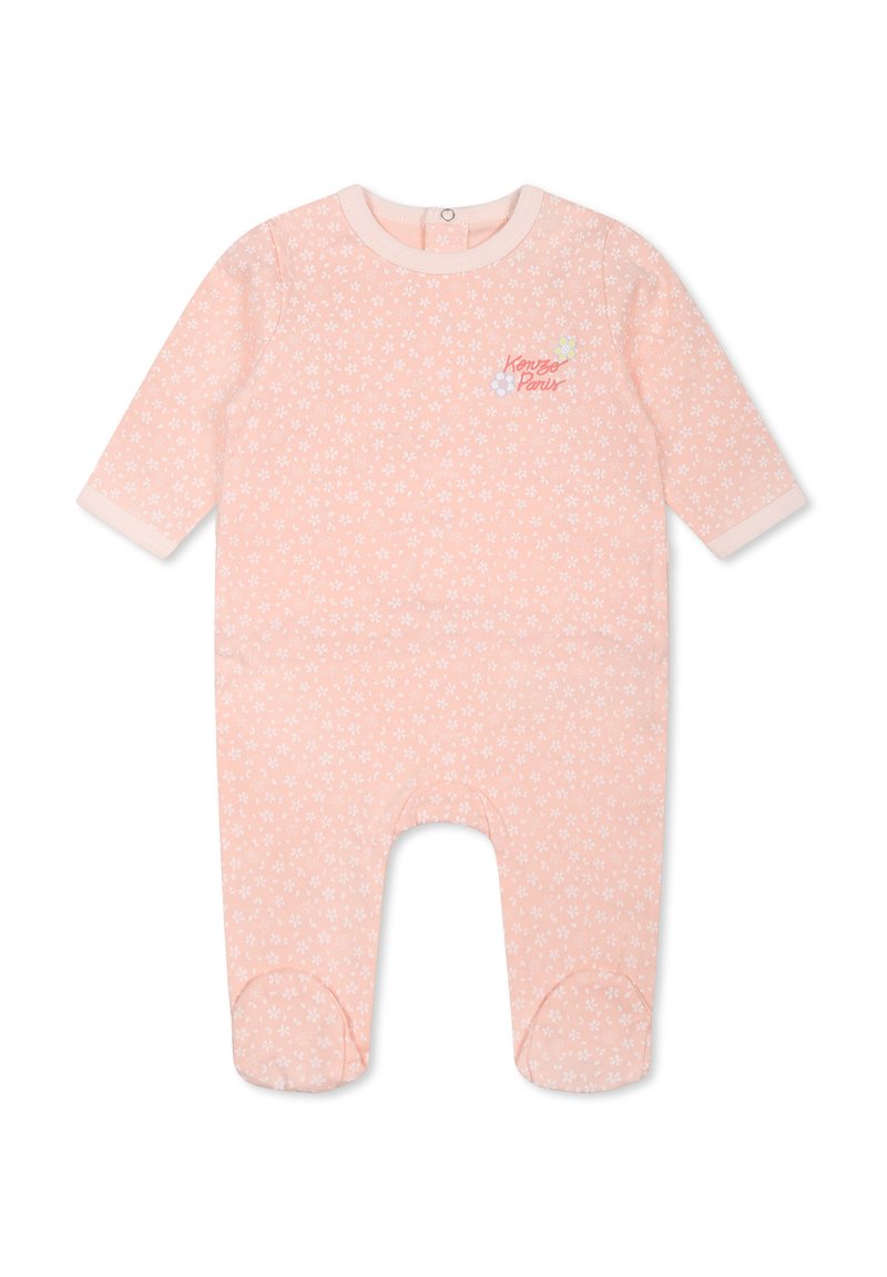Combinaison pour bébé rose pâle avec manches longues, motif floral et fermeture à pression au cou. Tissu en coton doux avec des poignets contrastants et un détail de logo.