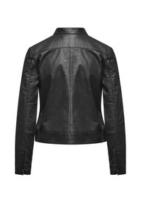 Giacca in pelle nera con design aderente, colletto e dettagli con zip sui polsini. Texture liscia, presenta una silhouette posteriore minimale.