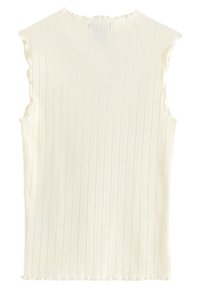 Top bianco a coste senza maniche con scollatura e bordi a ondine. Tessuto leggero con una superficie leggermente testurizzata.