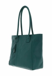Sac en cuir vert avec deux longues anses, forme rectangulaire, finition texturée et branding subtil sur le devant.
