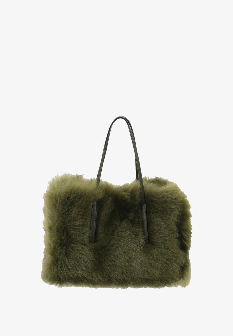Olivengrüne Kunstfell-Handtasche, rechteckige Form, mit zwei schwarzen Ledergriffen. Weiche Textur, mit einem flauschigen Äußeren.