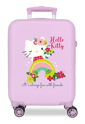 Maleta rígida de color púrpura claro con cuatro ruedas, que presenta un gato blanco guiñando un ojo con flores, un arcoíris y el texto "Hello Kitty" y "Siempre es divertido con amigos."