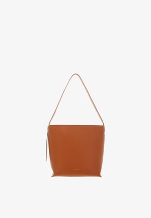 Brown leather shoulder bag with a slim strap and gold zipper pull, branded "Coccinelle" near the base.