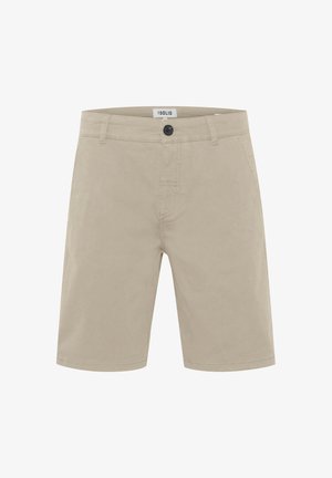 Shorts din bumbac bej, cu talie plată, închidere cu buton și două buzunare laterale. Textură netedă și design cu picior drept.