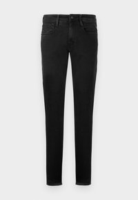 Black denim jeans, slim fit, five-pocket design, visible stitching, front button closure, and minimalistic branding detail on the back pocket.