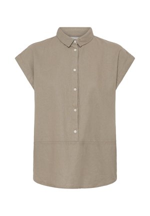 Beige blouse met korte mouwen, een kraag en een sluiting aan de voorkant met zes witte knopen.