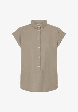 Beige blouse met korte mouwen, een kraag en een sluiting aan de voorkant met zes witte knopen.