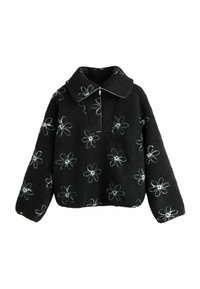 Sort fleece pullover med krave, prydet med hvid blomsterbroderi og en halv lynlås. Lidt oversized med lange ærmer. Blød tekstur.