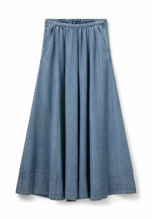 Denimrock mit elastischem Bund in einem hellblauen Farbton. Verfügt über seitliche Taschen, ein plissiertes Design und einen Saum mit dezenten Stichdetails.