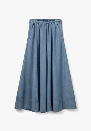Denimrock mit elastischem Bund in einem hellblauen Farbton. Verfügt über seitliche Taschen, ein plissiertes Design und einen Saum mit dezenten Stichdetails.