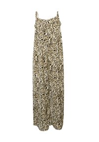 Robe longue à fines bretelles, présentant un imprimé animalier abstrait jaune et noir. Fabriquée en tissu léger avec une coupe décontractée.