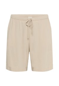 Beige linen shorts featuring an elastic waistband with a drawstring, straight cut, and no visible pockets or patterns.