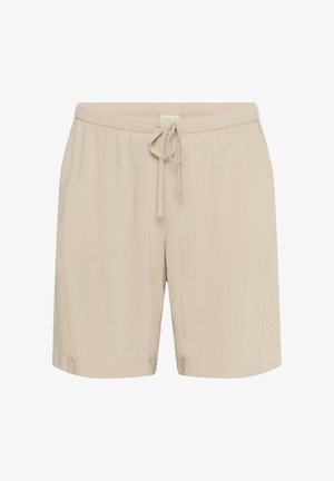 Bež linene kratke hlače s elastičnim pojasom i vezicom, ravnog kroja, bez vidljivih džepova ili uzoraka.