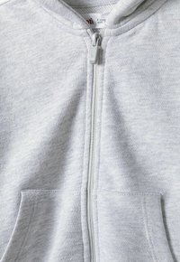 Haut à capuche zippé gris avec une texture douce, comportant une fermeture éclair sur le devant, deux poches latérales et une capuche. Design simple sans motifs ni accents.