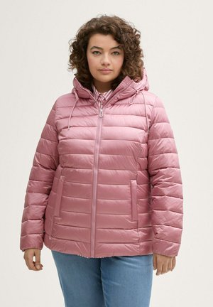 Roze gewatteerde jas met een voormetaalrits, elastische capuchon en twee zijzakken. Gelaagd quilterontwerp en een gladde afwerking.