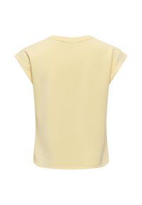 Haut jaune clair à manches courtes avec un léger col en V et un ourlet droit, vu de dos sur fond blanc.