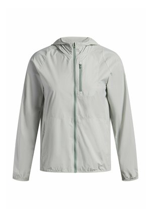 Hellgraue, leichte Jacke mit Kapuze, durchgehendem Reißverschluss, elastischen Bündchen und einer kleinen Brusttasche mit Reißverschluss. Glatte Textur.