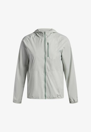 Hellgraue, leichte Jacke mit Kapuze, durchgehendem Reißverschluss, elastischen Bündchen und einer kleinen Brusttasche mit Reißverschluss. Glatte Textur.