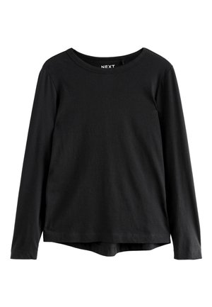 Tricou negru cu mâneci lungi și guler rotund, cu tiv ușor curbat, prezentat așezat plat pe un fundal alb.