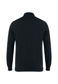 Svart långärmad tröja med hög krage. Tillverkad av ett mjukt och slätt material. Har åtsittande ärmslut och en rak nederkant utan utsmyckningar.