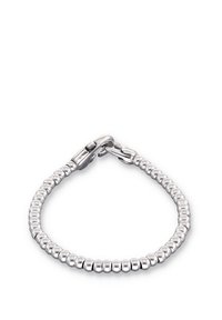 Pulsera de cuentas plateadas con cuentas esféricas lisas, diseño flexible y cierre de langosta seguro.