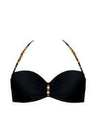 Czarny biustonosz bikini z miękkimi, wyprofilowanymi miseczkami, zebranym przodem oraz ozdobnymi elementami w kolorze złota i wzorzystymi ramiączkami.