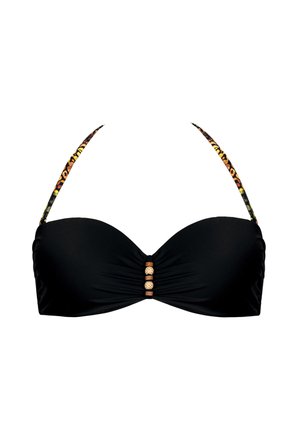 Czarny biustonosz bikini z miękkimi, wyprofilowanymi miseczkami, zebranym przodem oraz ozdobnymi elementami w kolorze złota i wzorzystymi ramiączkami.