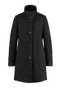 Sort uldfrakke med tekstureret finish, høj hals og seks skinnende knapper. Lange ærmer og en skræddersyet pasform, der når til midt på låret.