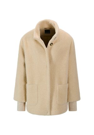 Beige Fleecejacke mit strukturiertem Muster, Kragen, zwei Fronttaschen und gerippten Bündchen. Verfügt über einen einzelnen Knopfverschluss.