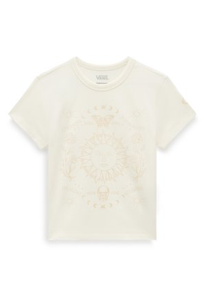 Kremowa koszulka Vans z centralnym słońcem z twarzą, otoczonym księżycami, motylem, kwiatami, czaszką oraz słowami takimi jak "Wieczność" i "Uzdrowienie".