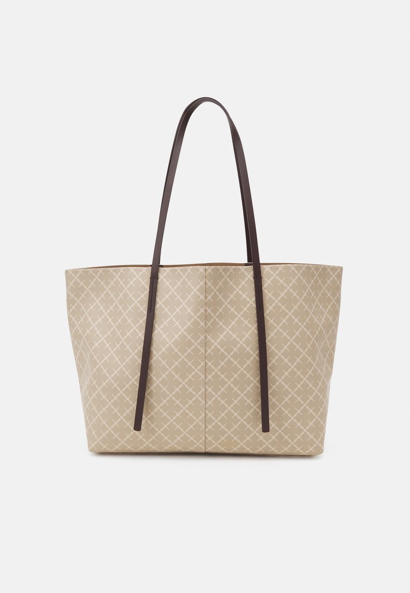 Beige tote bag with a textured pattern, featuring dark brown leather handles and a spacious rectangular shape.