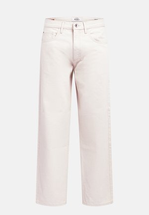 Light-colored, wide-leg denim jeans with a high waist, five-pocket design, and subtle stitching details. Made from sturdy cotton fabric.