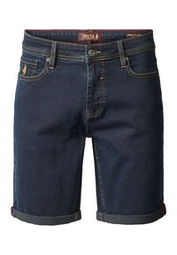 Dunkelblaue Jeansshorts mit aufgerollten Säumen, Knopf- und Reißverschluss, Vordertaschen und kontrastierenden gelben Nähten.