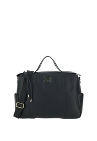 Borsa a mano in pelle nera con un design strutturato, dotata di accessori in oro e di un logo prominente. Include una tracolla removibile.