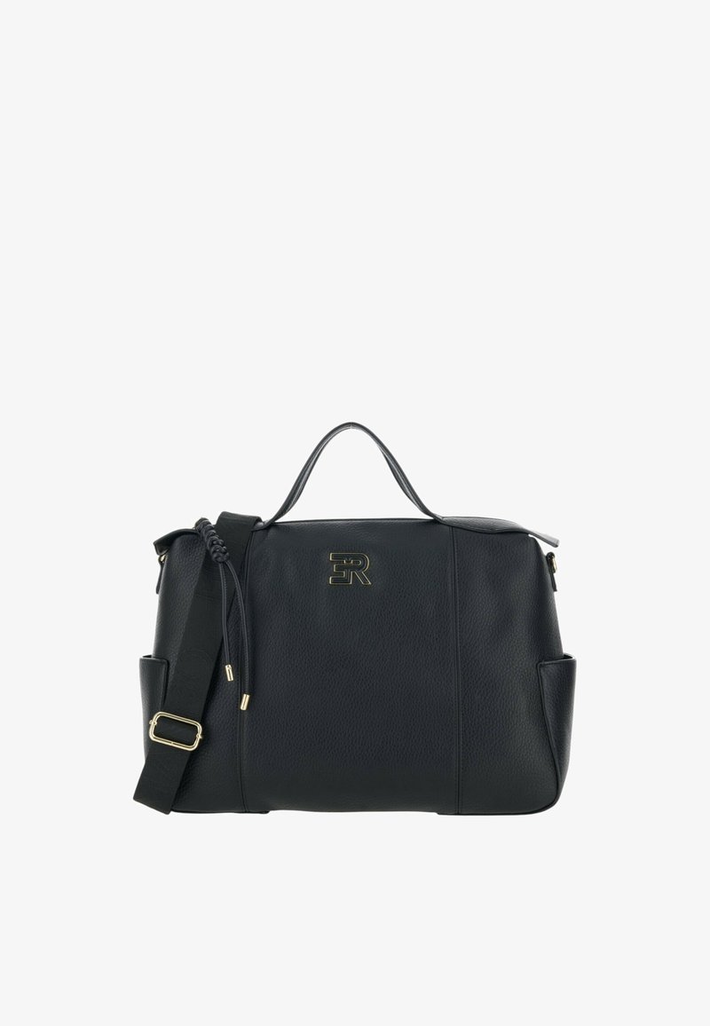 Borsa a mano in pelle nera con un design strutturato, dotata di accessori in oro e di un logo prominente. Include una tracolla removibile.