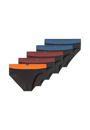 Viiden mustan alushousun pakkaus, joissa vyötärönauhassa eri värejä: oranssi, sininen, viininpunainen ja tummansininen. Valmistettu pehmeästä, joustavasta kankaasta.