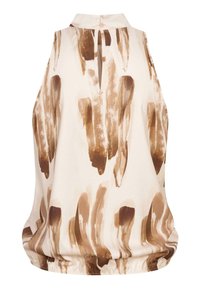 Top sans manches en beige avec un motif de coups de pinceau marron, doté d'un col et d'une fermeture à boutons dans le dos, avec un ourlet froncé.