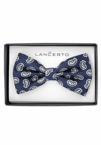 Granatowy muszka z teksturowanej tkaniny, z białym wzorem paisley, zaprezentowana w czarnym pudełku z logo "LANCERTO".