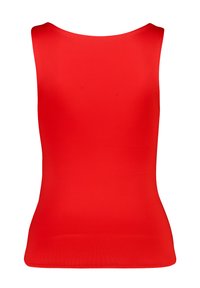 Red sleeveless top with a smooth, stretchy fabric. Features a rounded neckline and a fitted silhouette, ideal for layering.