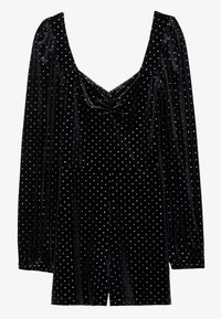 Mono de terciopelo negro con escote redondo, mangas largas abullonadas y lunares plateados en toda la prenda. Cuenta con un diseño recogido en la parte frontal.