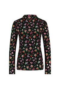 Zwarte lange mouwen top met een bloemenprint in roze, paars en rood. Zachte stof met een getailleerd ontwerp en een hoge kraag.