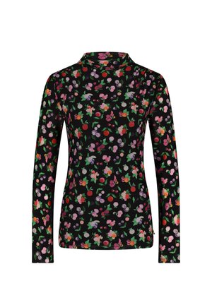 Zwarte lange mouwen top met een bloemenprint in roze, paars en rood. Zachte stof met een getailleerd ontwerp en een hoge kraag.