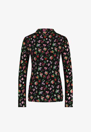 Zwarte lange mouwen top met een bloemenprint in roze, paars en rood. Zachte stof met een getailleerd ontwerp en een hoge kraag.