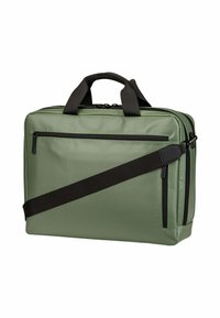 Grüne Nylon-Laptoptasche mit schwarzen Trägern, ausgestattet mit Doppelreißverschlüssen, einer Vordertasche und einer schlanken rechteckigen Form. Strukturierte Oberfläche.