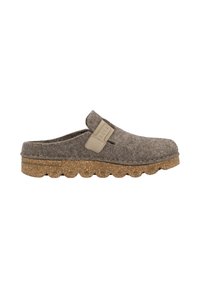 Gray felt clog with beige strap, textured surface, and brown speckled sole. Round toe and open back design for easy wear.