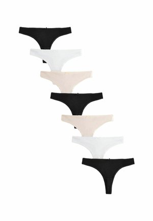 Set aus sieben Damenstrings in Schwarz, Weiß und Nude. Weicher Stoff, klassischer Schnitt, Schleifen an der Vorderseite, unterschiedliche Farben in gestapelter Anordnung.