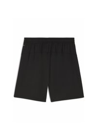 Sorte sporty shorts med elastisk talje, glat tekstur, knælængde design og minimal branding på bagsiden.