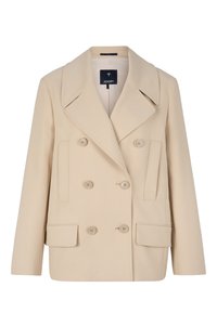 Beige dubbelbreasted blazer van een textuurstof, met grote revers, twee voorzakken en zes knopen.
