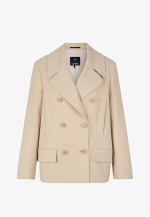 Beige double-breasted blazer made of textured fabric, featuring large lapels, two front pockets, and six button closures.